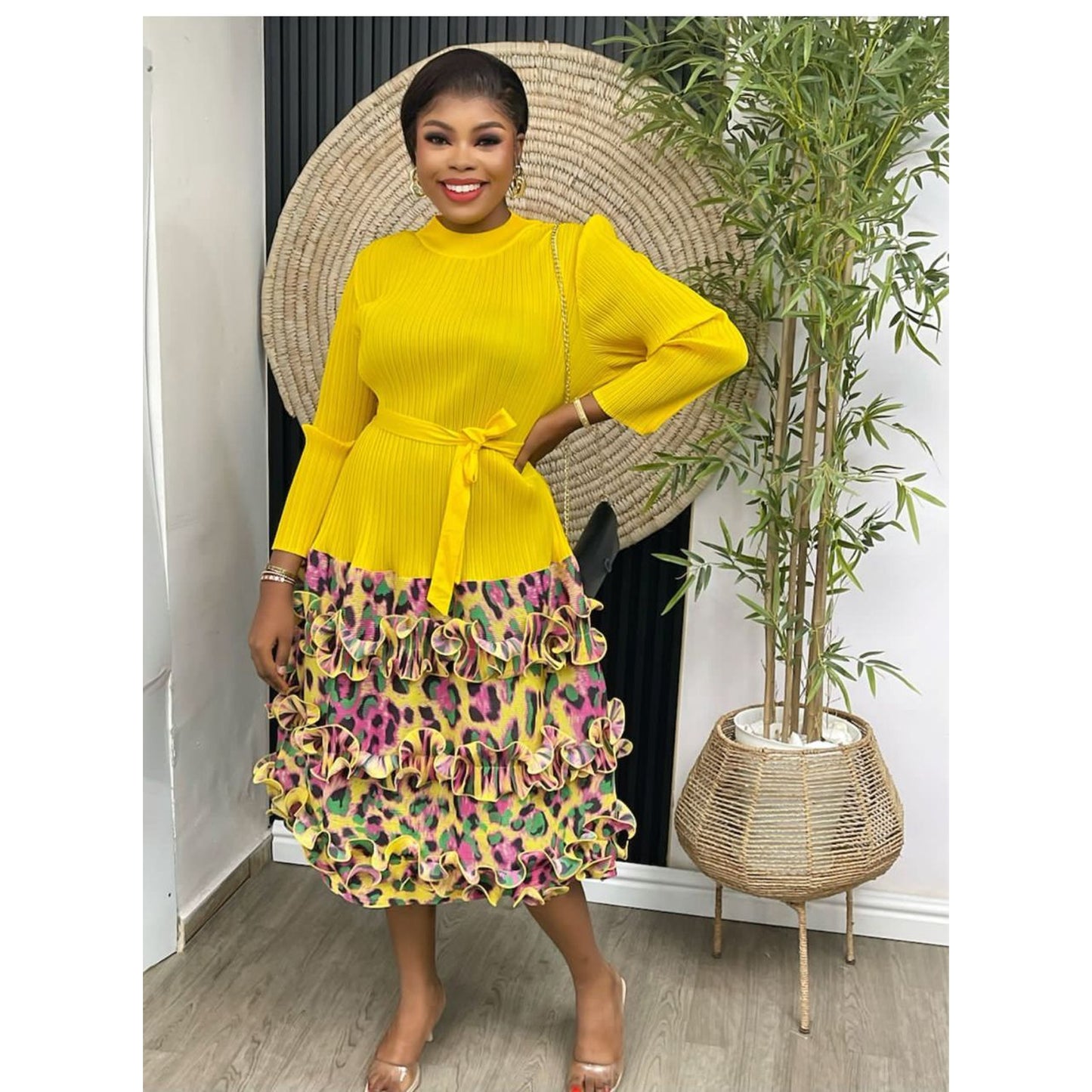 Yellow Sleeves High Neck Plisse