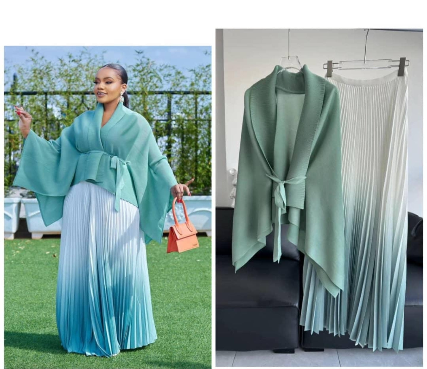 Trendy Pleated Skirt and Bat Sleeve Top