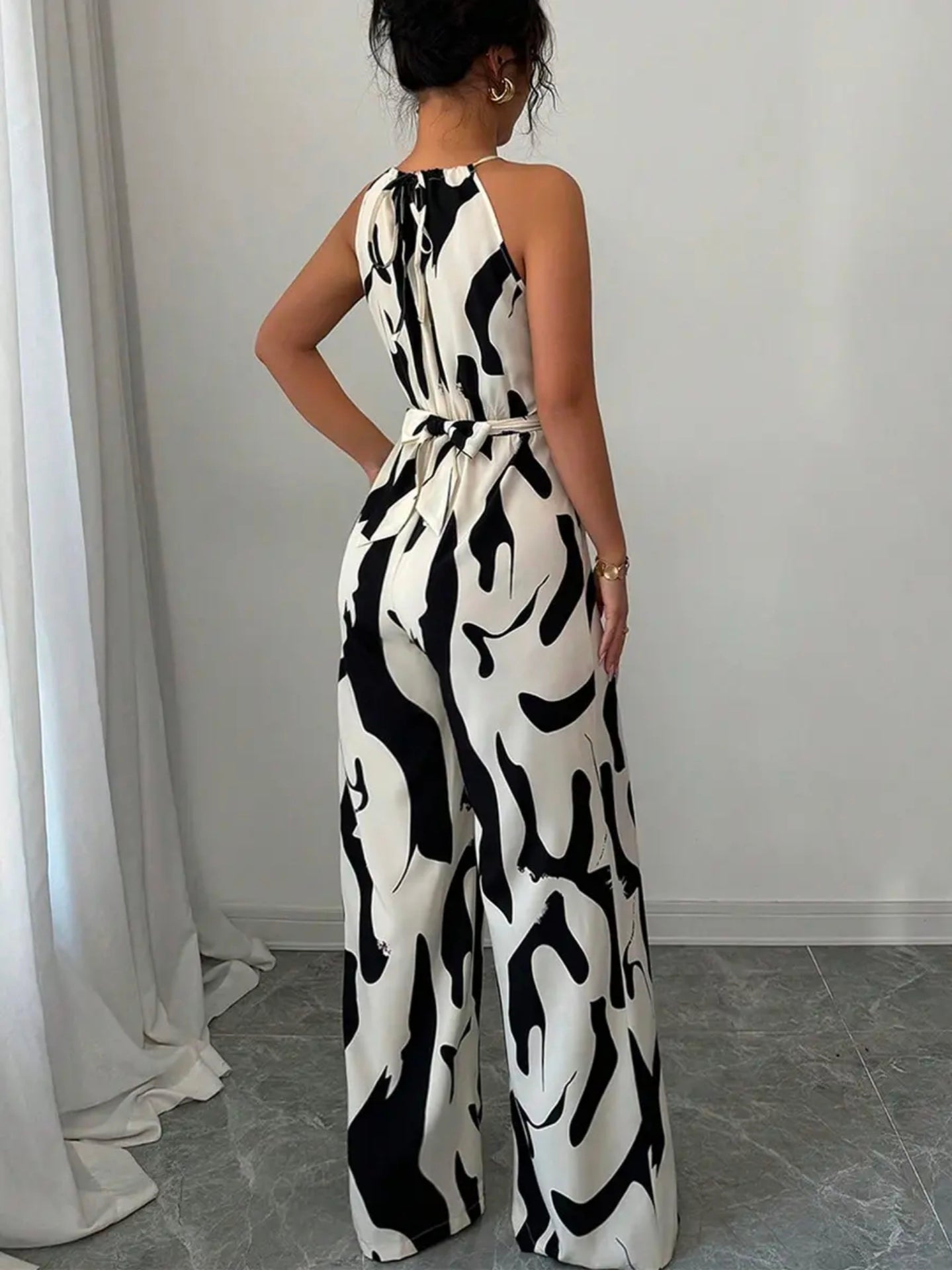 June Sleeveless Water Mark Drawstring Waist Jumpsuit