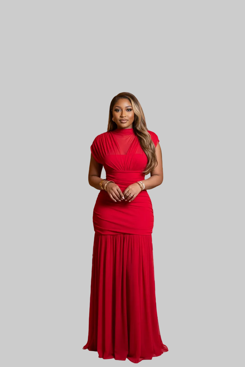 Tara Stretchy Mesh Ruched Maxi Evening Dress