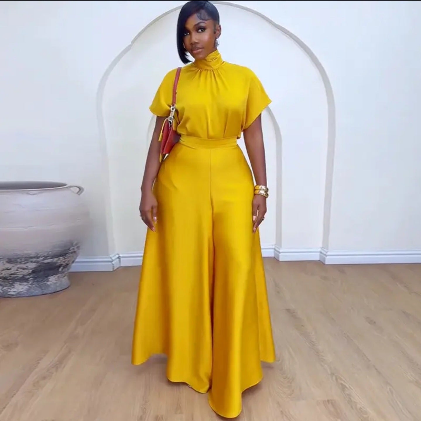 2-Piece Set: Satin Short Sleeve Shirt & Wide Leg Pants