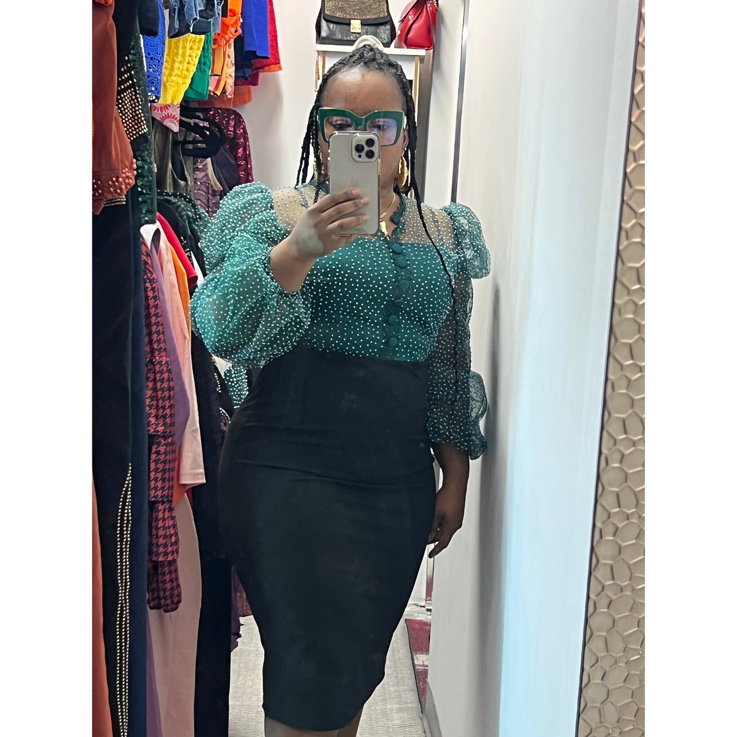 Polka Dot Green Puff Sleeve Dress