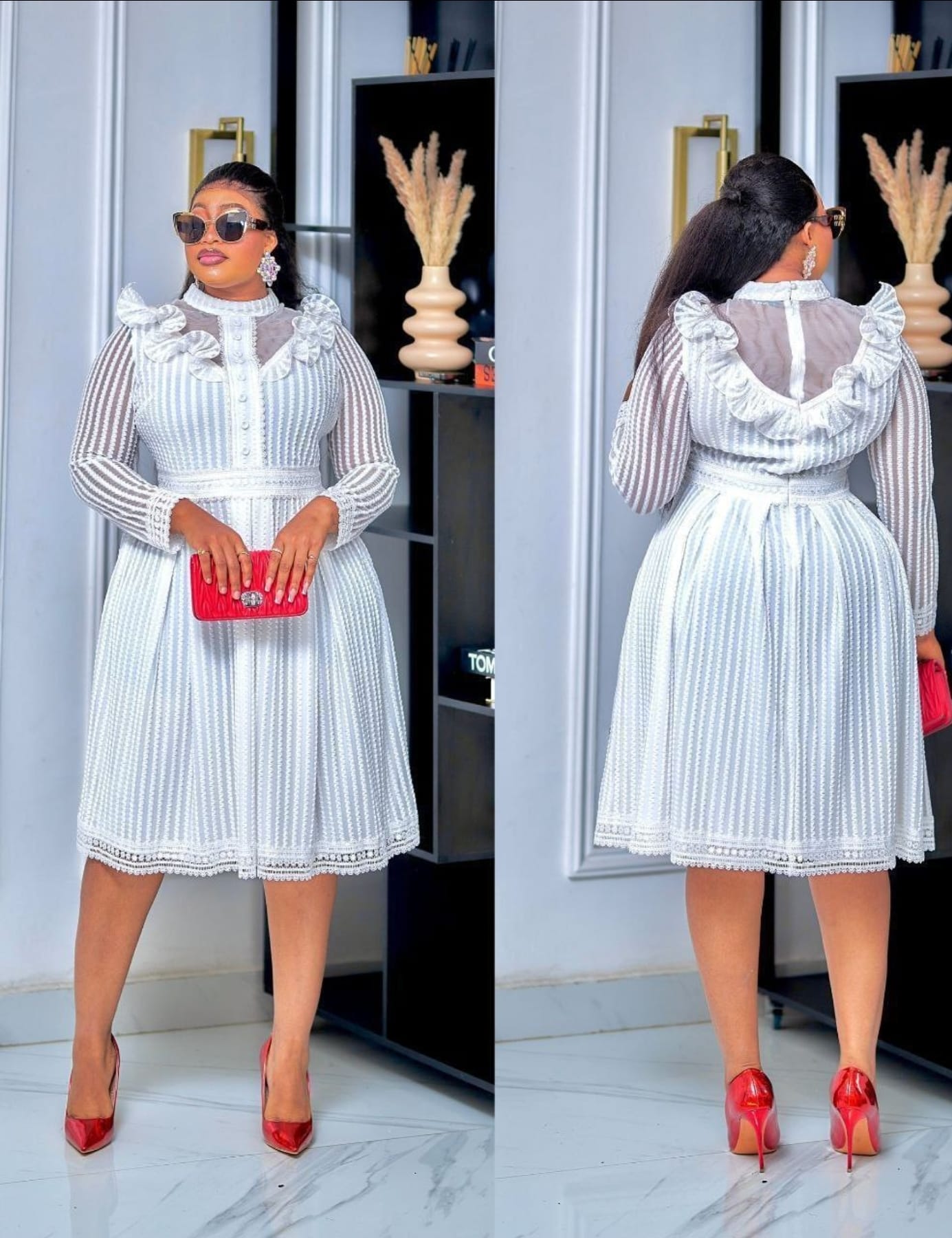 Elegant Solid High Neck Midi Dresd