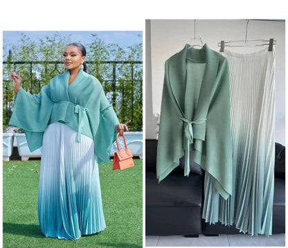 Trendy Pleated Skirt and Bat Sleeve Top
