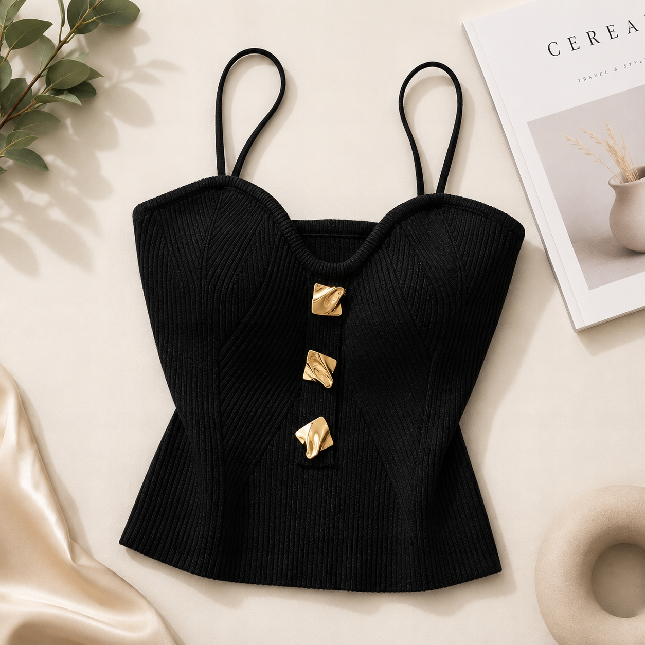 Women's Ribbed Knit Corset Cami Top with Gold Button Detail