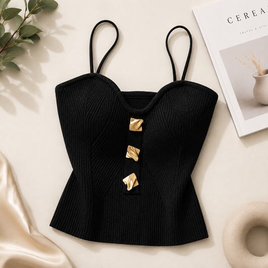 Women's Ribbed Knit Corset Cami Top with Gold Button Detail