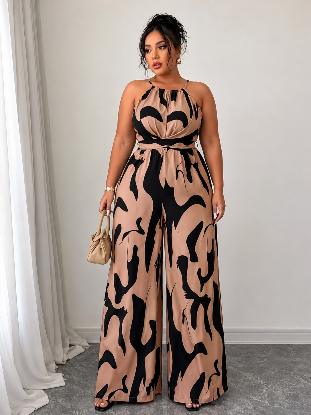 June Sleeveless Water Mark Drawstring Waist Jumpsuit