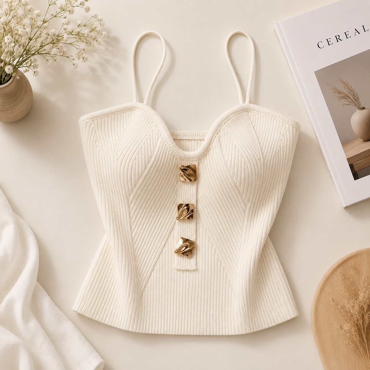 Women's Ribbed Knit Corset Cami Top with Gold Button Detail