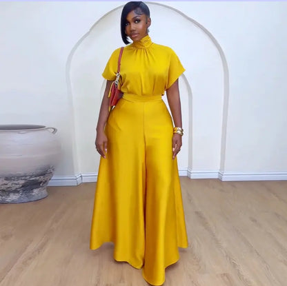 2-Piece Set: Satin Short Sleeve Shirt & Wide  Leg Pants