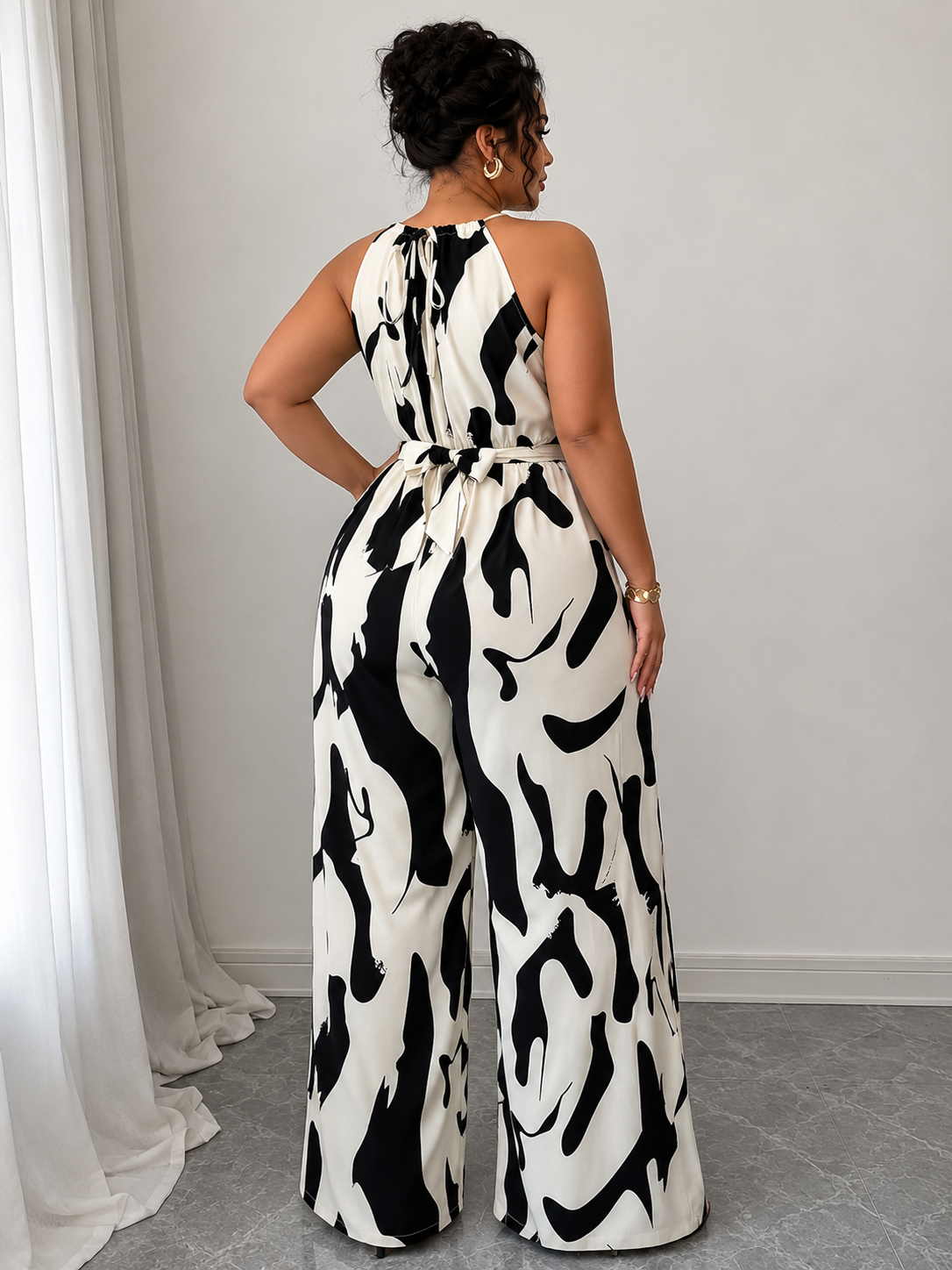 June Sleeveless Water Mark Drawstring Waist Jumpsuit