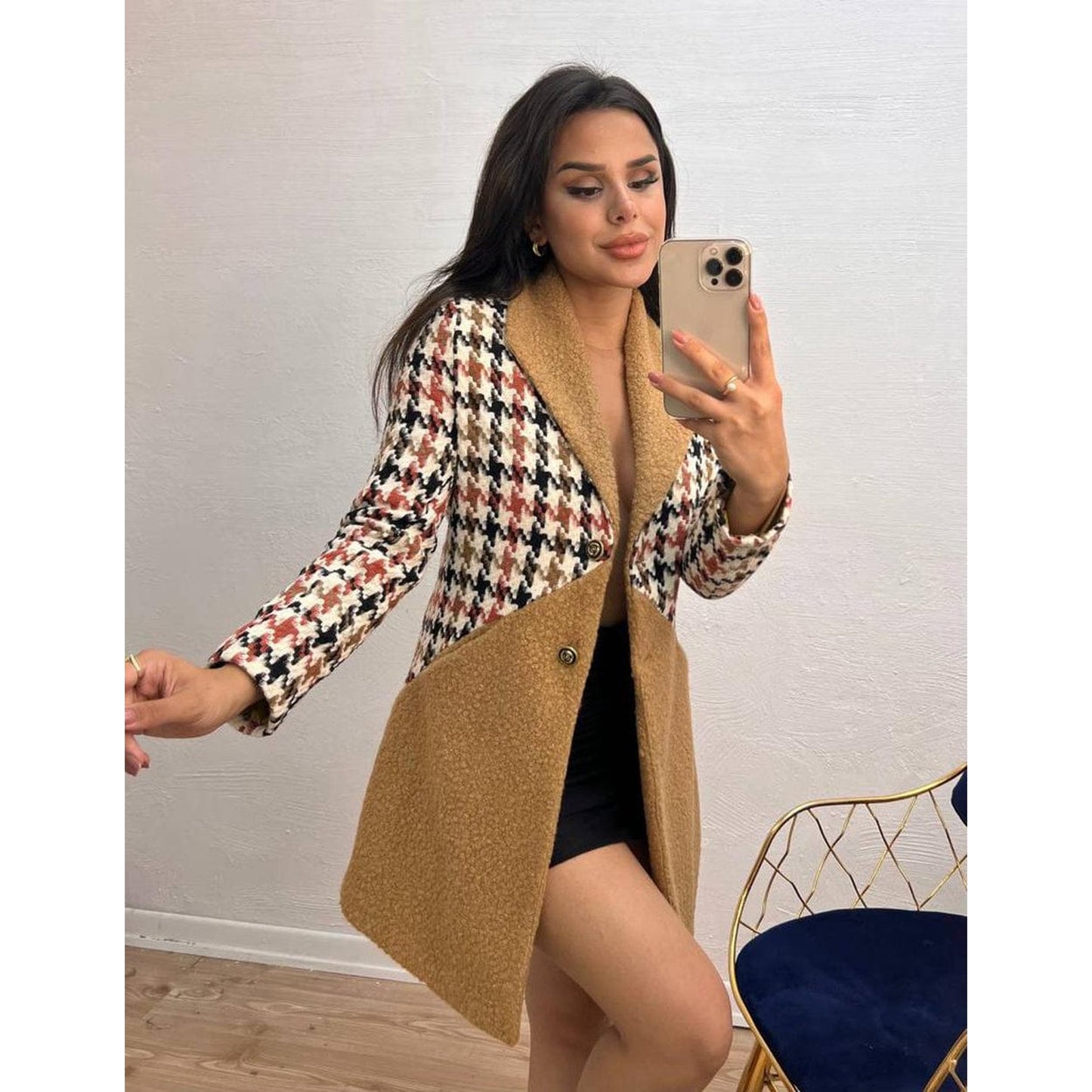Plaid Sleeves Double Breasted Blazer